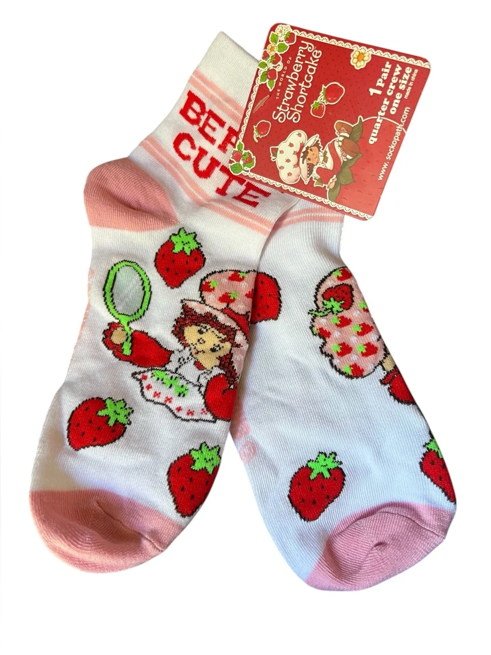 💕$3 Bundled Strawberry Shortcake Pink & White Crew Socks